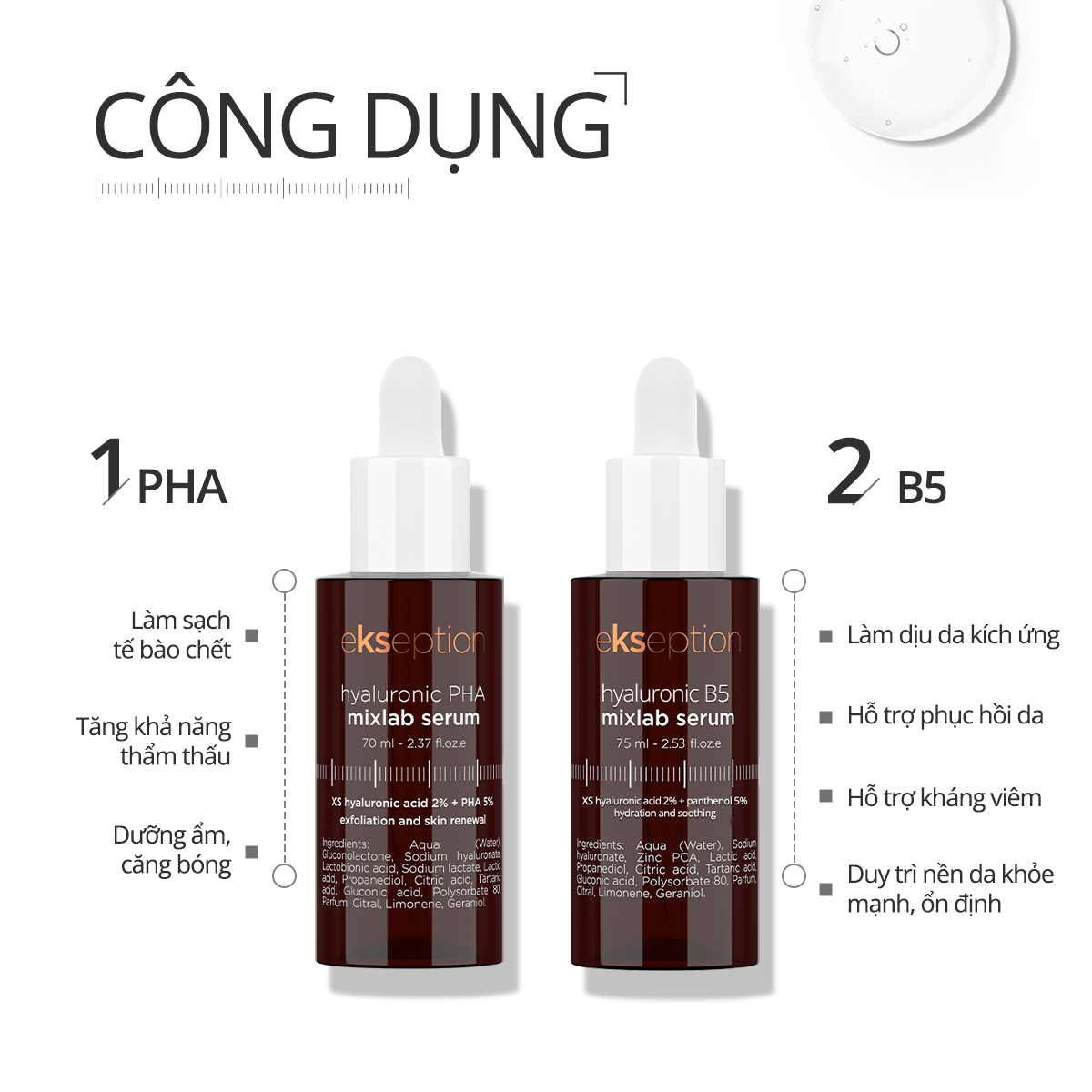 Mô tả Combo EKSEPTION Pre-Serum Hyaluronic 2% PHA 5% Dưỡng Ẩm Và B5 Hyaluronic Mixlab 75ML - 3