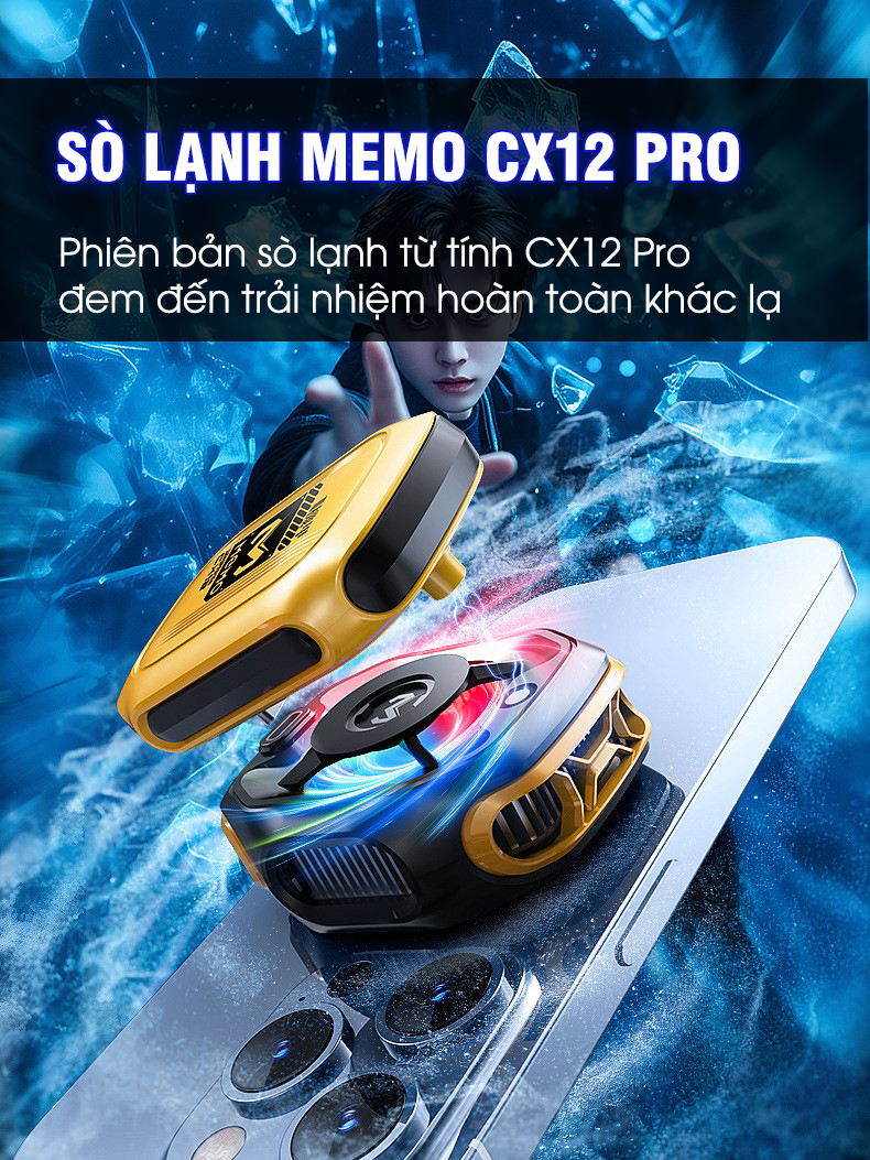 Mô tả Sò lạnh tản nhiệt MEMO CX12 Pro 2025 sử dụng pin làm lạnh sâu 2 chế độ AI đèn led màn hình tăng fps chơi game liên quân - 1
