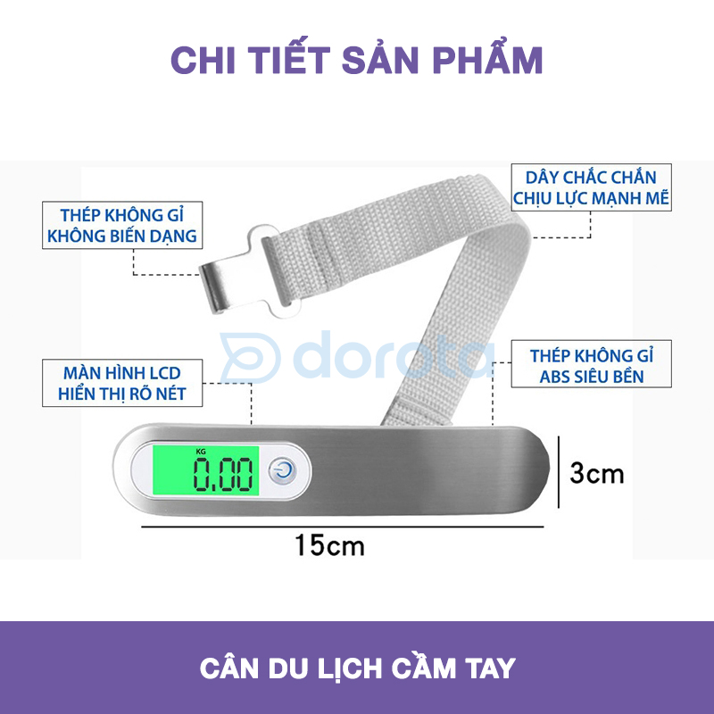 Mô tả Cân điện tử mini cầm tay DOROTA cân nặng hỗ trợ tối đa tới 50kg cân vali du lịch, hàng hoá CCT - 1