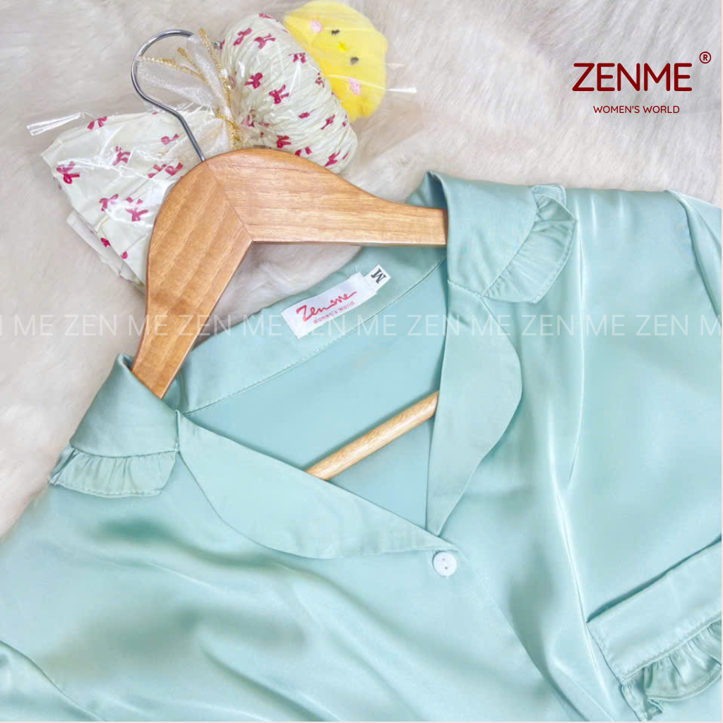 Mô tả Bộ Pijama Viền Bèo ZENME Hình In Dễ Thương Lụa Latin Quần Cộc Tay Ngắn PJVB0425 Xanh Mint - 1