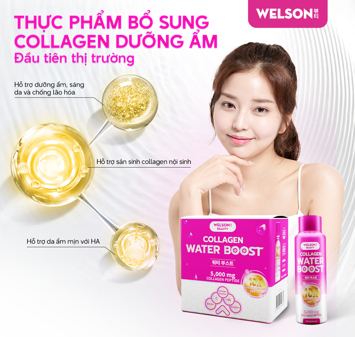 Mô tả Thực phẩm bổ sung Nước Uống Collagen Hyaluronic Acid Welson Beauty Collagen Water Boost hộp 6 chai x 50ml - 1