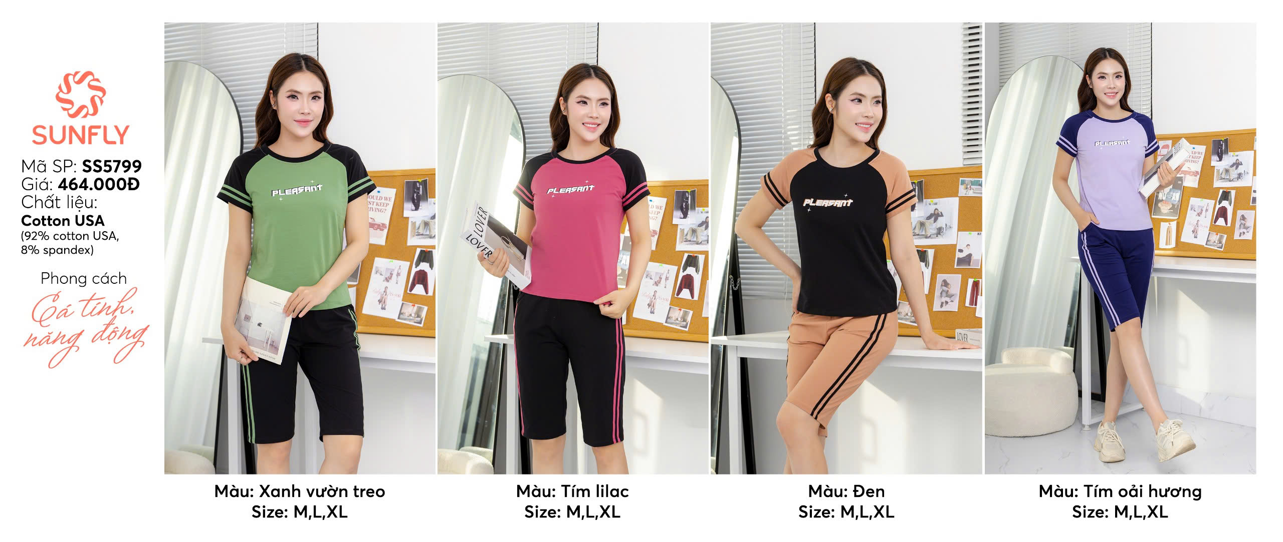 Mô tả Bộ thể thao nữ cotton USA SUNFLY áo cộc quần ngố SS5799 - 3