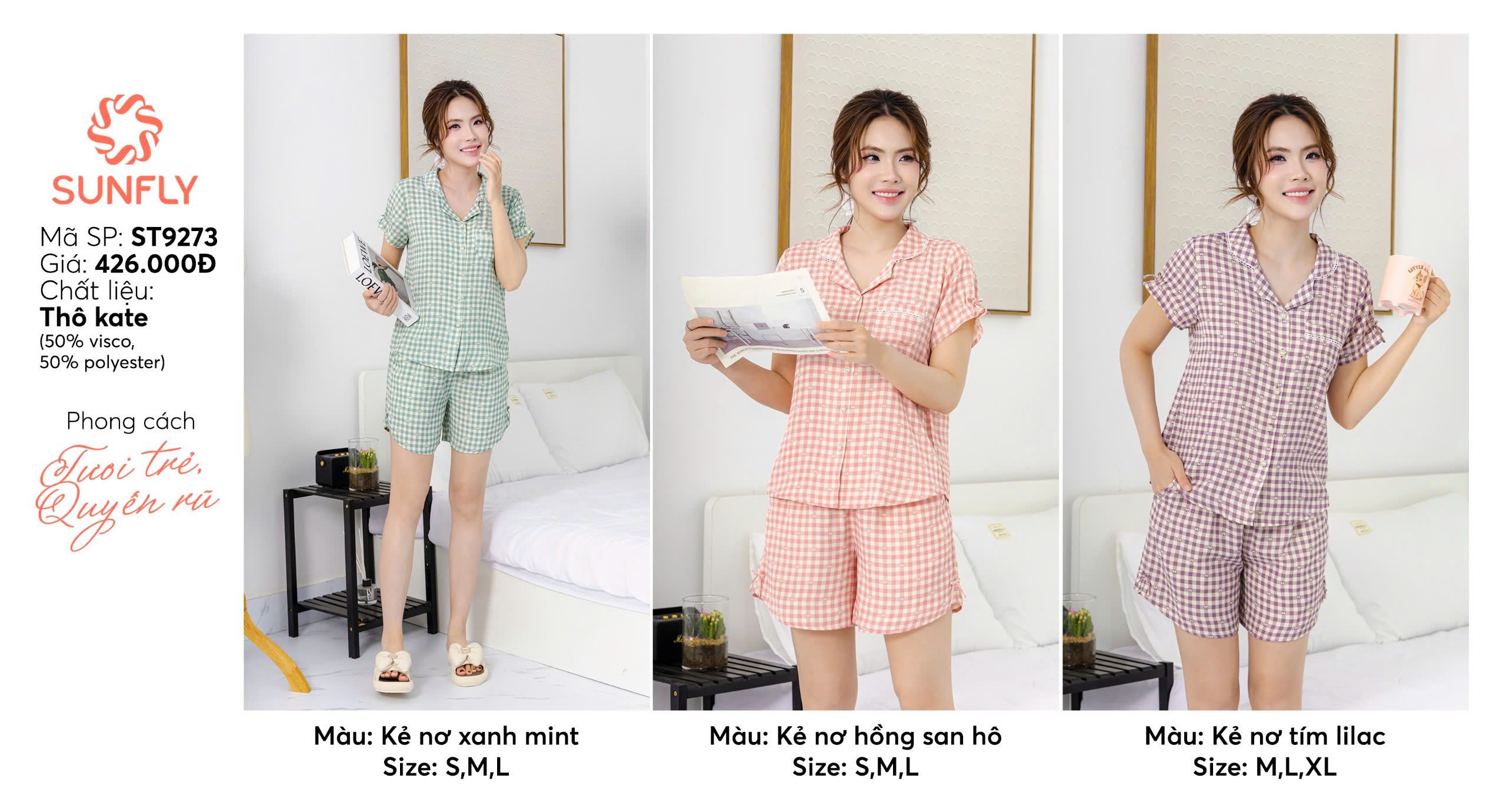 Mô tả Bộ pijama nữ thô đũi SUNFLY áo cộc quần sooc ST9273 - 3