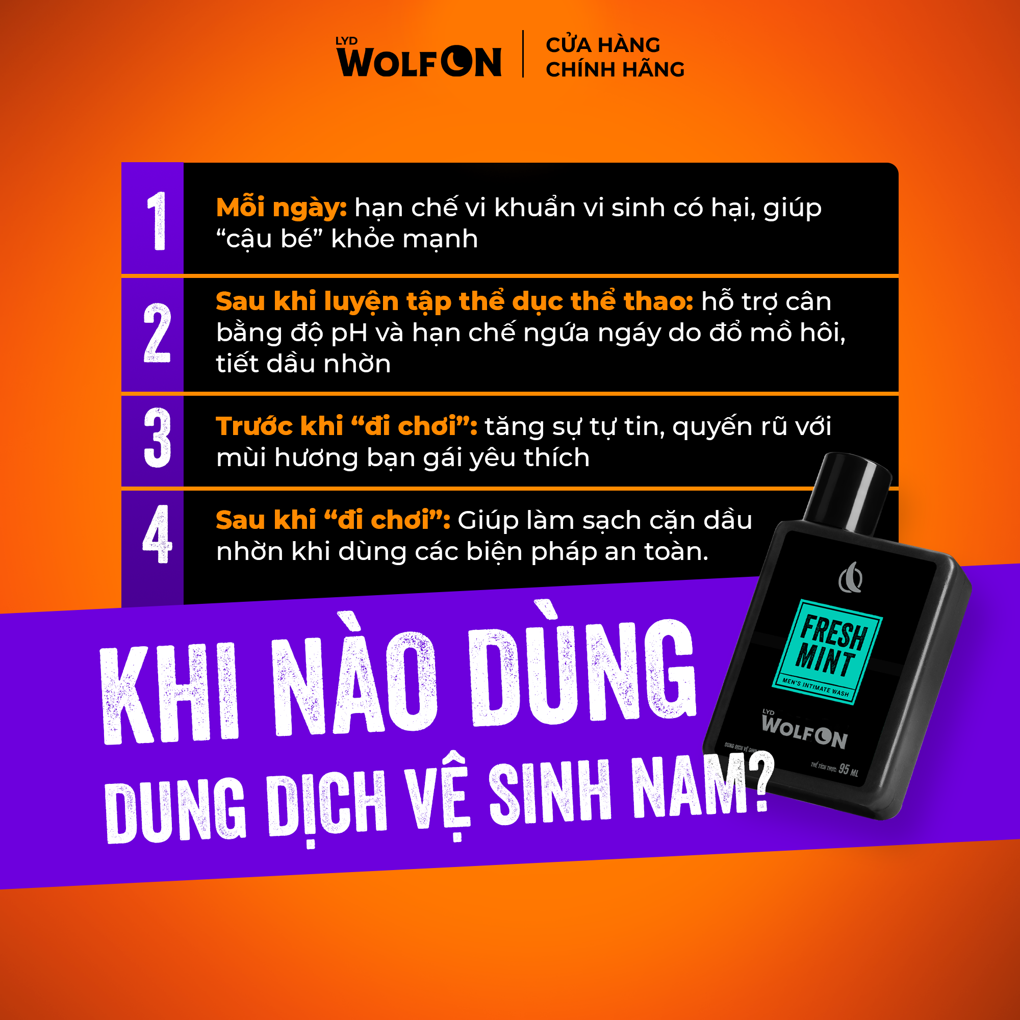 Mô tả Dung Dịch Vệ Sinh Nam Giới LYD Wolf ON Fresh Mint Bạc Hà Mát Lạnh Sạch Thơm Nam Tính 95ml - 6