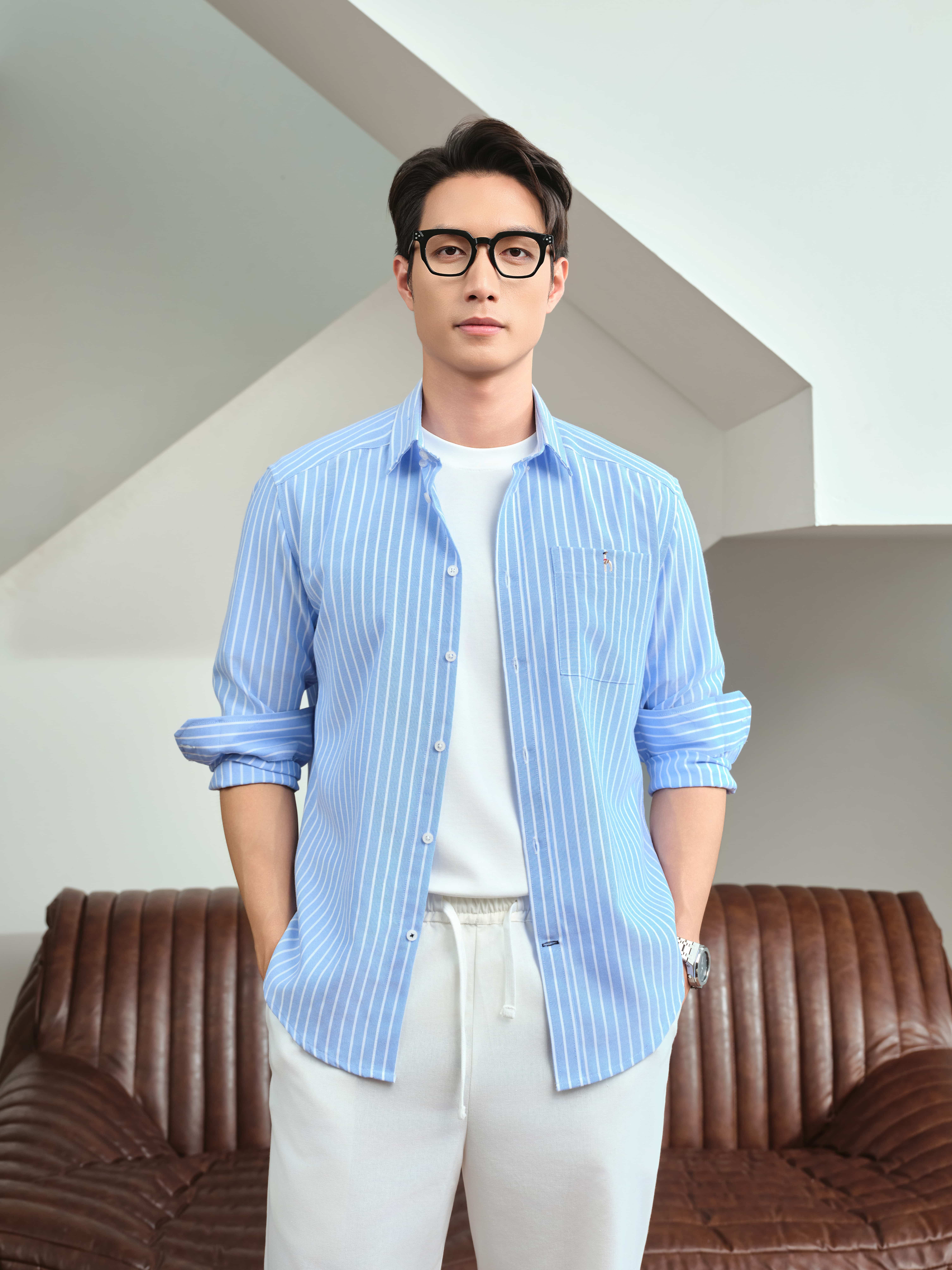 Mô tả Áo sơ mi nam tay dài ANCHOR STRIPES thêu logo, vải Oxford cao cấp, thoáng mát, đứng form - HUSSIO - 10