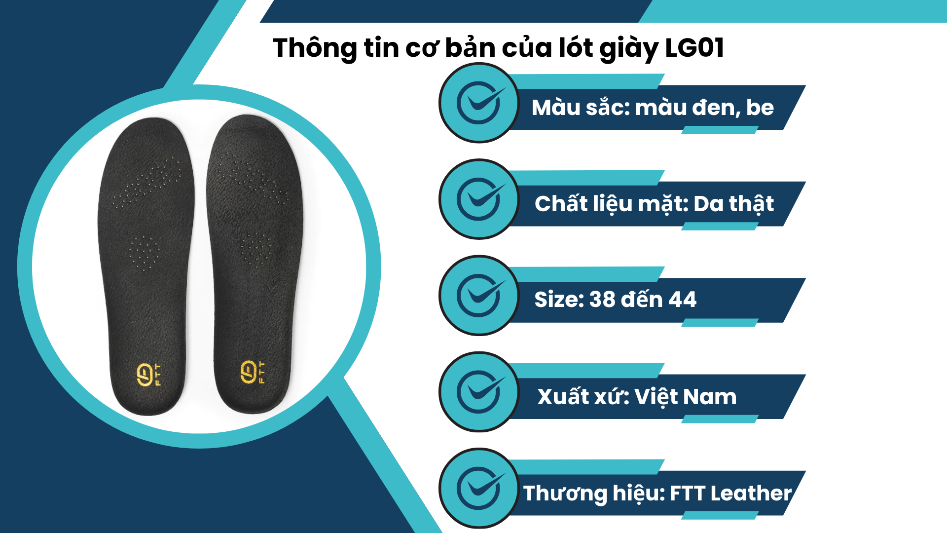 Mô tả Lót giày nam cao cấp FTT Leather mặt da, lót dưới cao su silicon êm chân, chống sốc LG01 - 3
