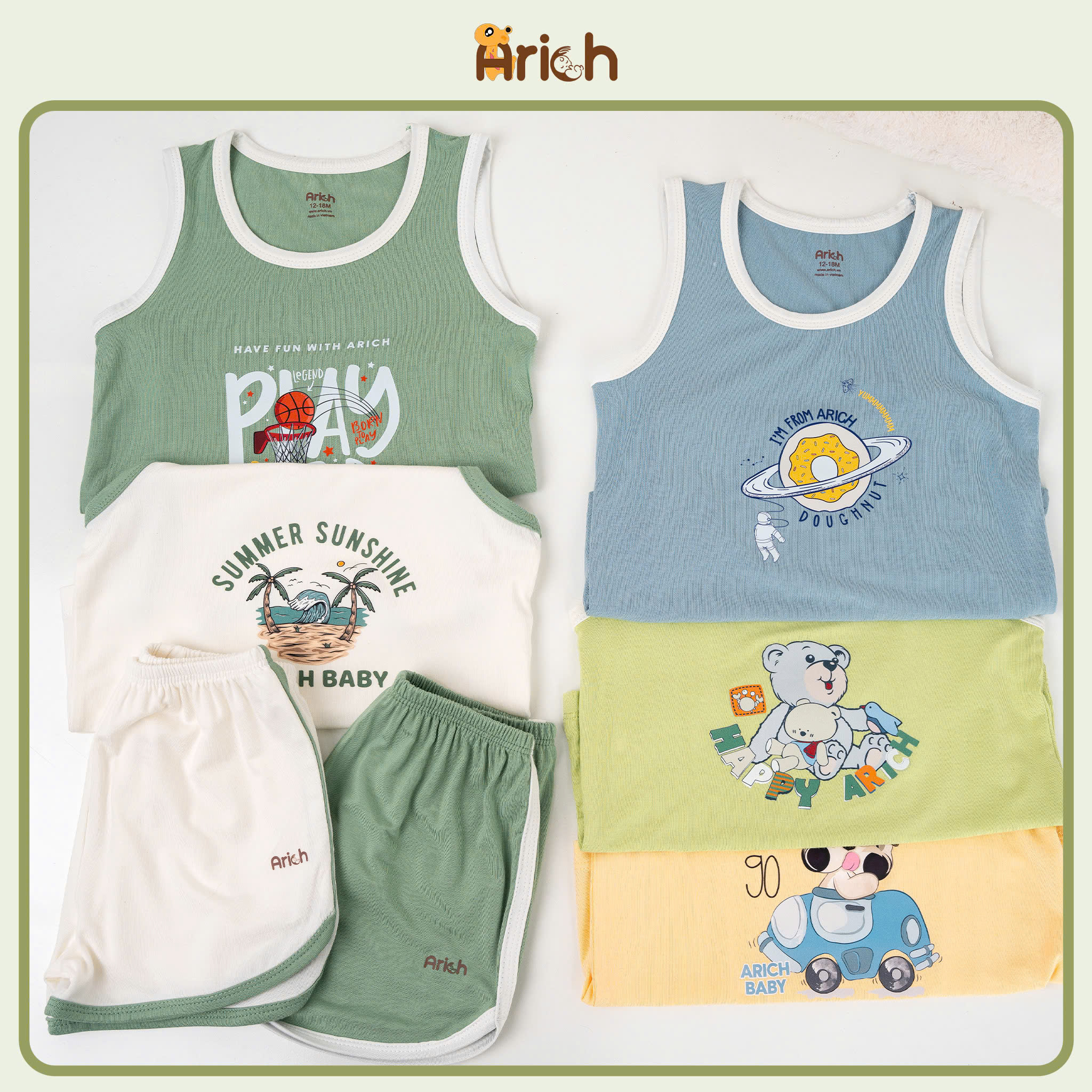 Mô tả Bộ ba lỗ thể thao Arich vải sợi tre in hình cho bé trai, bé gái size từ 9m-6tuổi - 3
