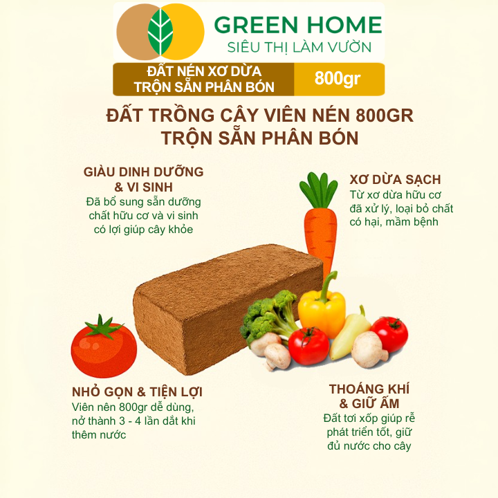 Đất Trồng Cây GreenHome Viên Nén sạch khuẩn, tơi xốp