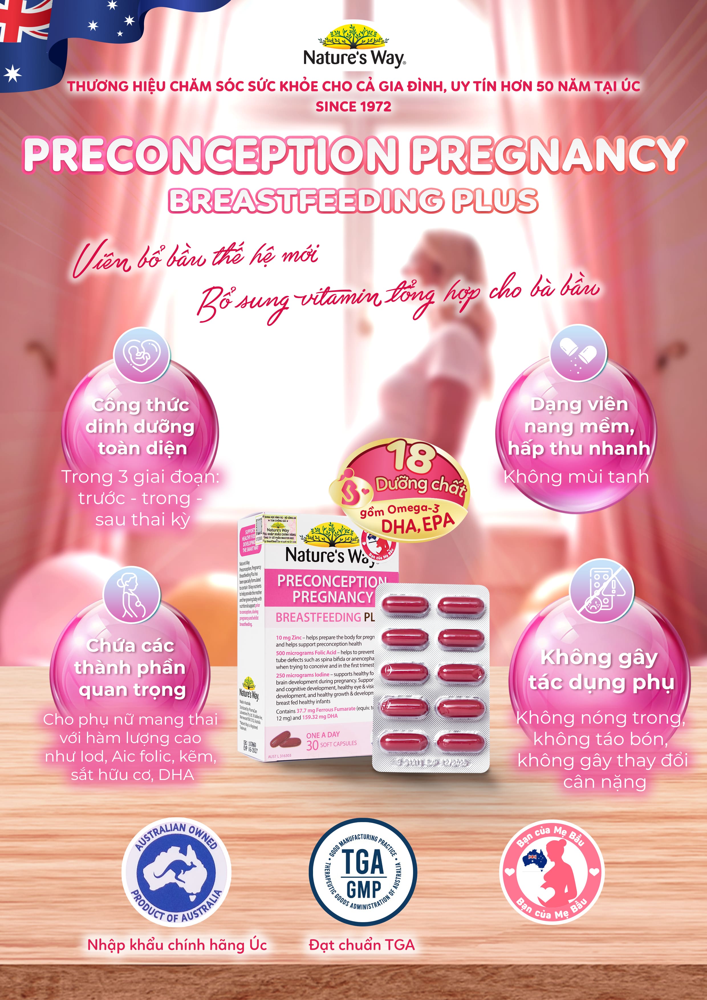 Mô tả Viên Uống Bổ Sung Vitamin Tổng Hợp Cho Bà Bầu Nature's Way PreConception Pregnancy Breastfeeding Plus – Hộp 30 Viên - 1