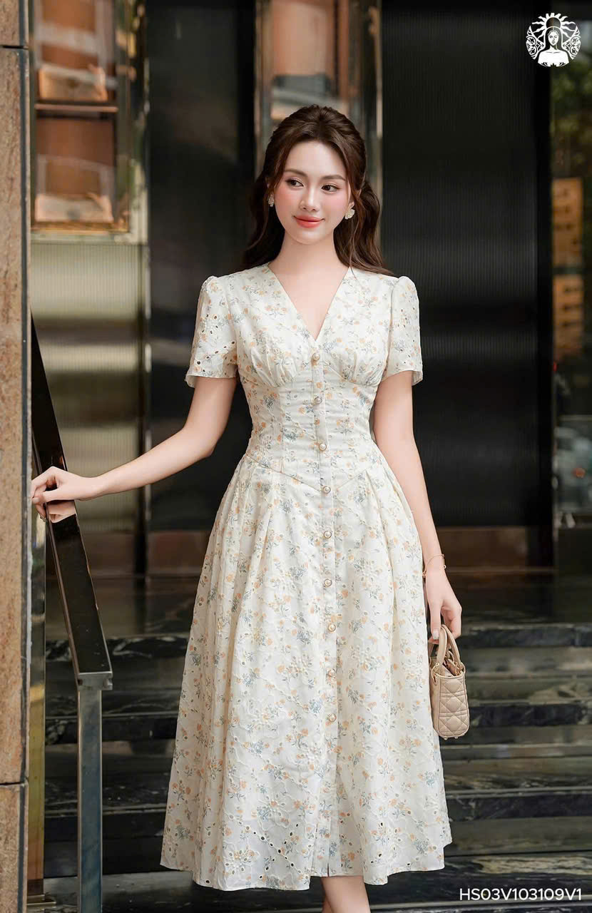 Mô tả Váy hoa nhí dáng xòe tay ngắn cổ V V2025281 – Đầm hoa vintage công sở nữ - 2