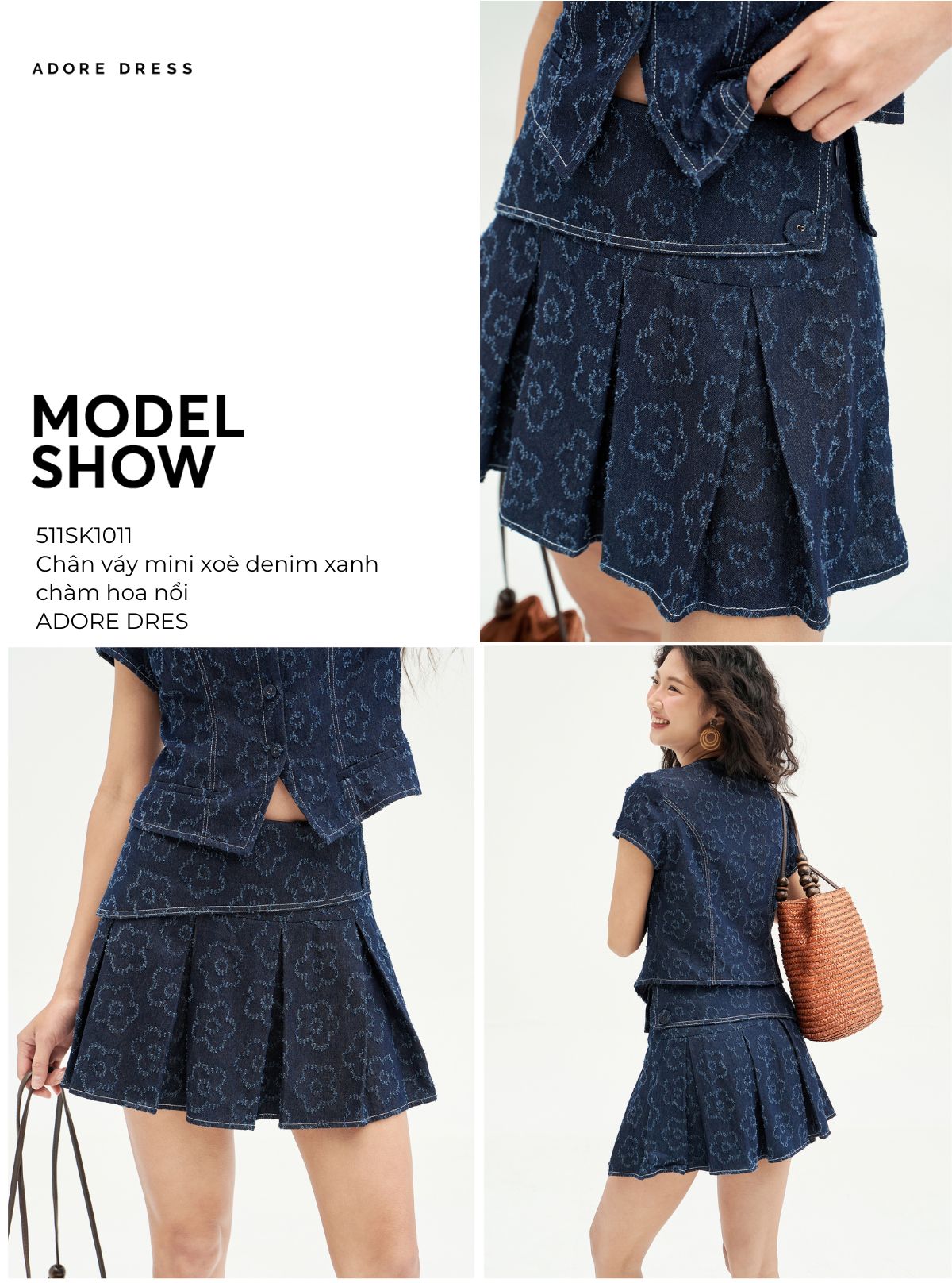 Mô tả 511SK1011- Chân váy mini xoè denim xanh chàm hoa nổi ADORE DRESS - 1
