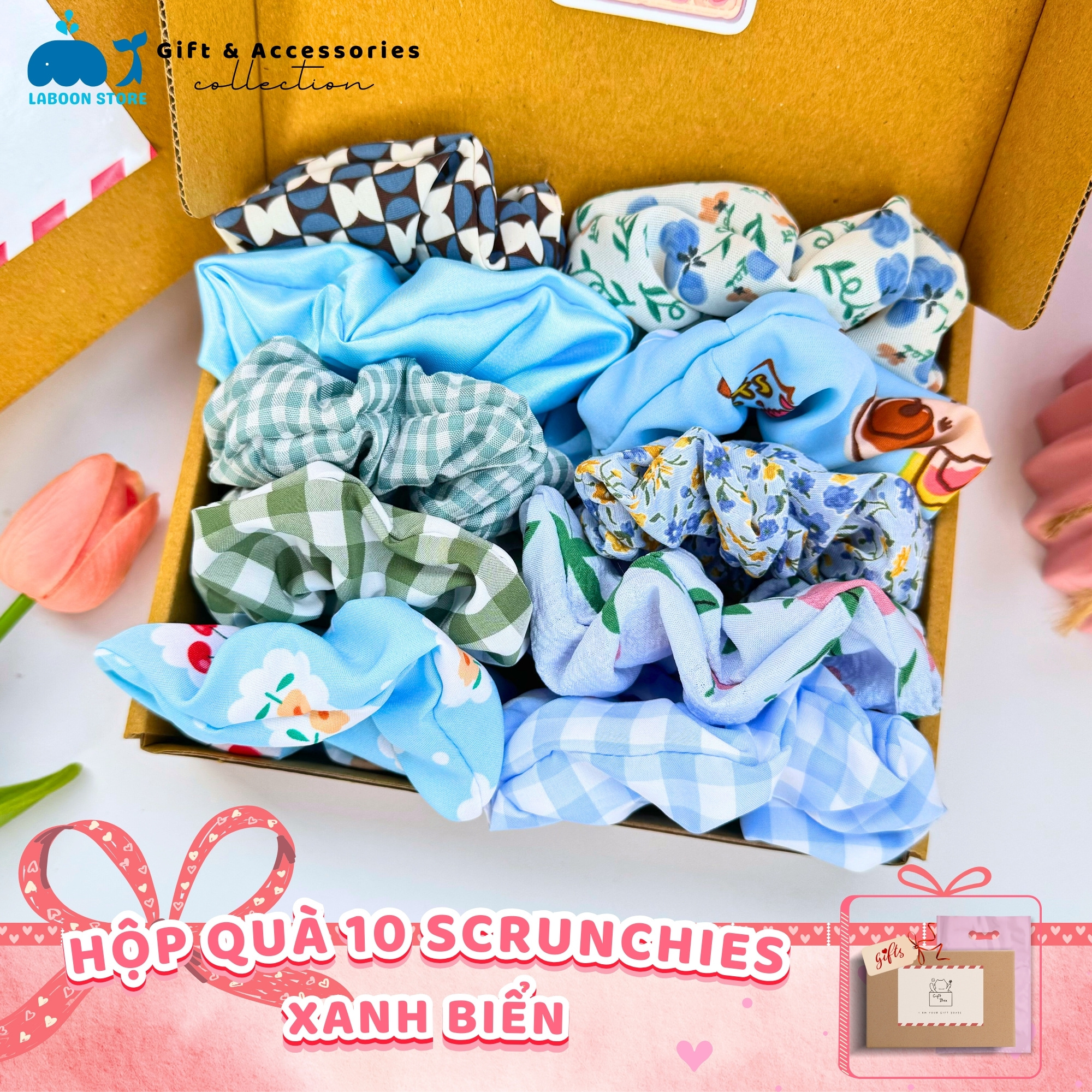 Mô tả Set hộp quà dây buộc tóc scrunchies LABOON hộp 5 và 10 dây cột tóc mix màu siêu xinh tặng bạn gái - 1
