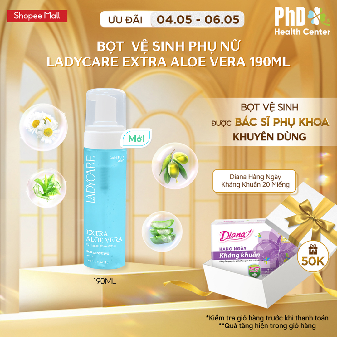 Mô tả Dung Dịch Vệ Sinh Phụ Nữ Dạng Bọt Ladycare Extra Aloe Vera Da Nhạy Cảm, Duy Trì Độ pH Tự Nhiên 190ml - 1