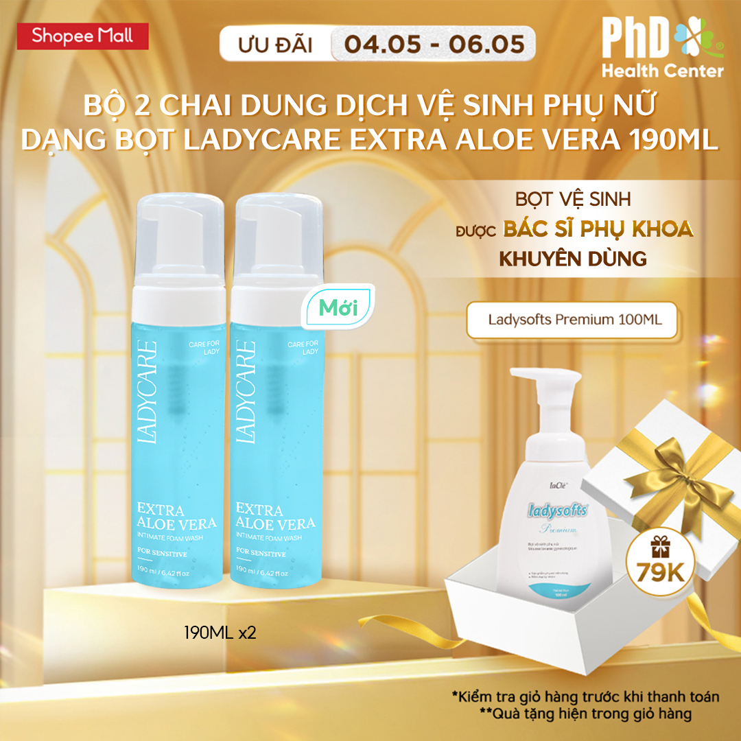 Mô tả Combo 2 Dung Dịch Vệ Sinh Phụ Nữ Dạng Bọt Ladycare Extra Aloe Vera Da Nhạy Cảm, Duy Trì pH 190ml - 1