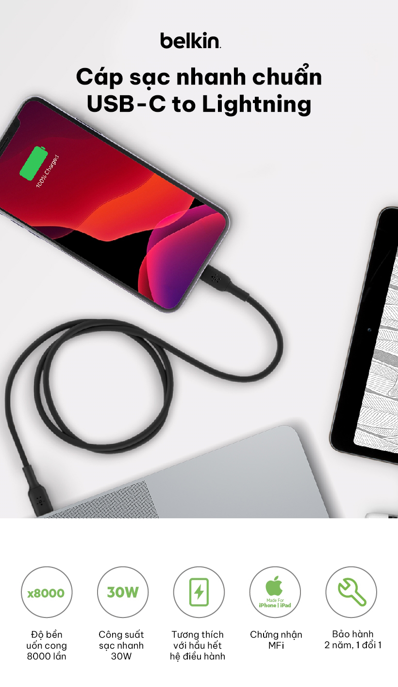 Mô tả Cáp sạc nhanh USB-C to Lightning BOOST CHARGE Belkin 30W vỏ nhựa bền bỉ, chứng nhận MFi - 4