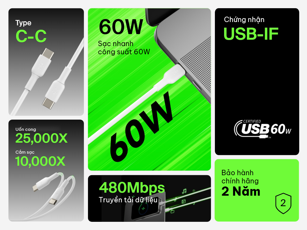 Mô tả Cáp sạc nhanh Belkin 60W BOOST↑CHARGE™ Chuẩn USB-C to USB-C, Truyền dữ liệu nhanh | Vỏ nhựa bền bỉ, - 2
