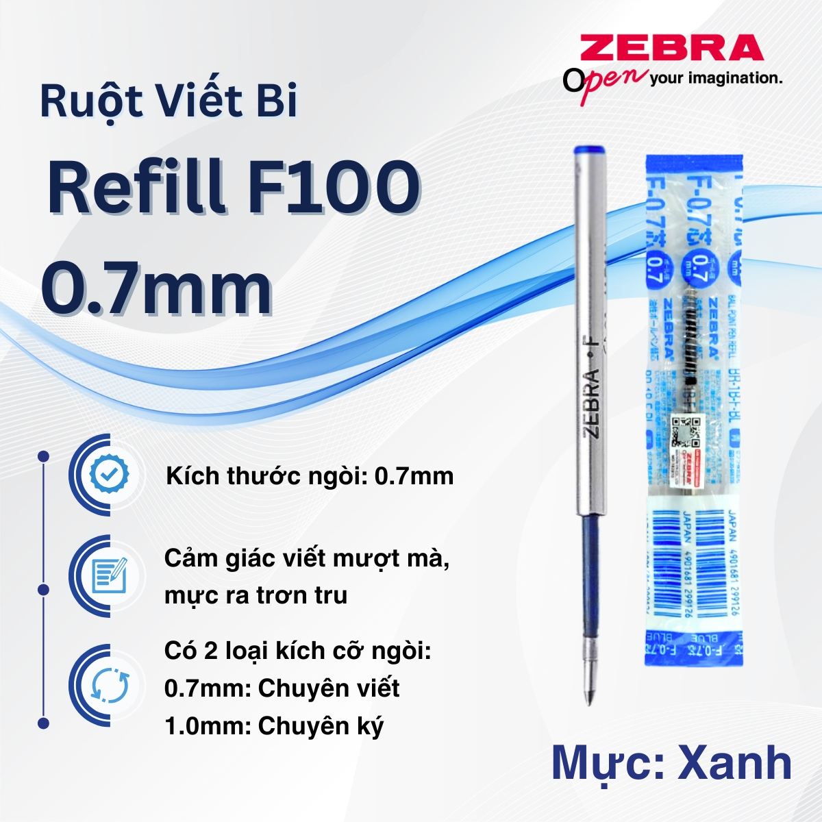 Mô tả Ruột Viết Bi F100 Zebra Pen Thay Thế  - Kích thước ngòi 0.7 mực xanh [Chính Hãng] - 1