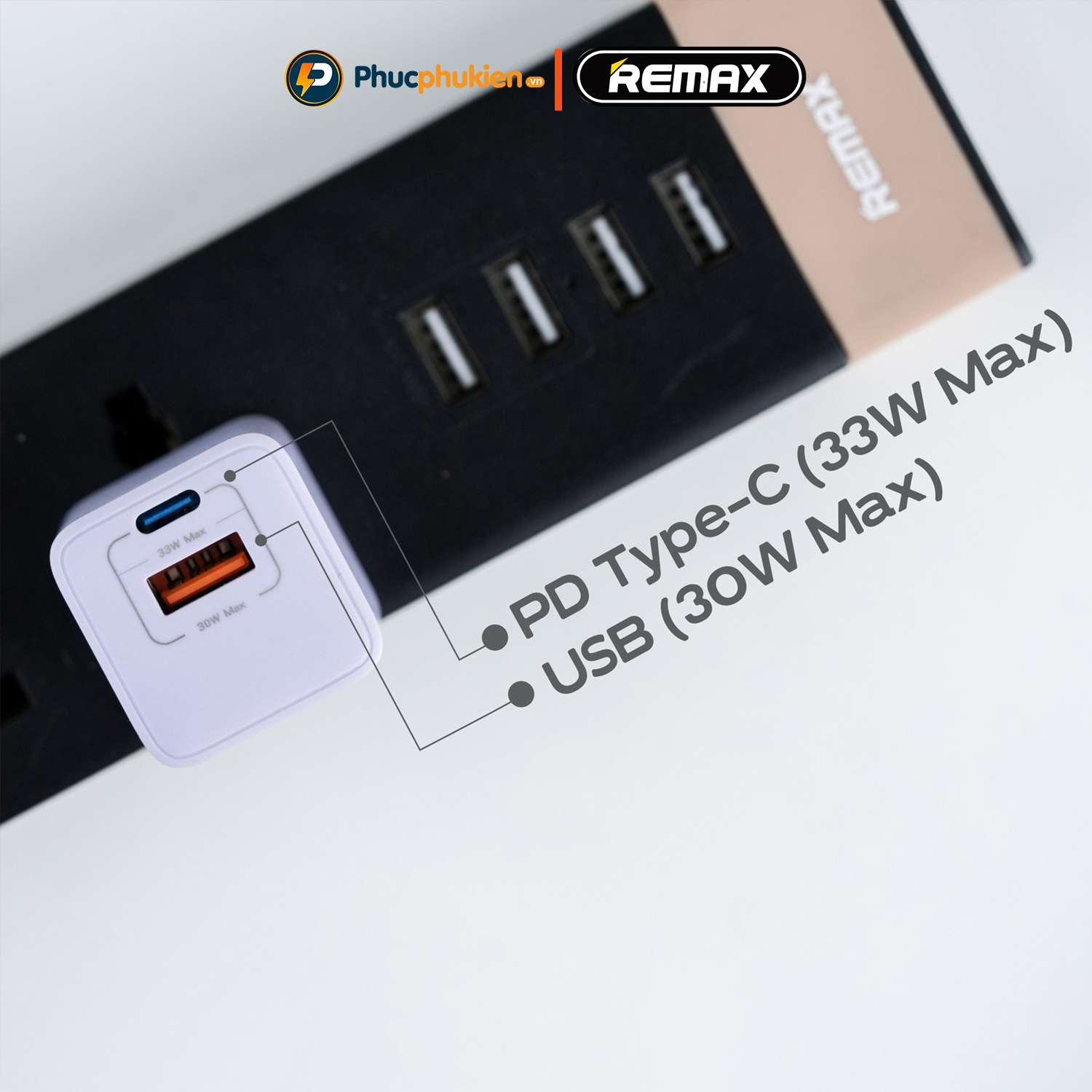 Mô tả Củ sạc nhanh 33w Remax U26 thiết kế 2 cổng sạc nhanh PD 33w và QC4.0 30w sạc đầy 60% pin trong 30 phút Phúc Phụ Kiện - 2