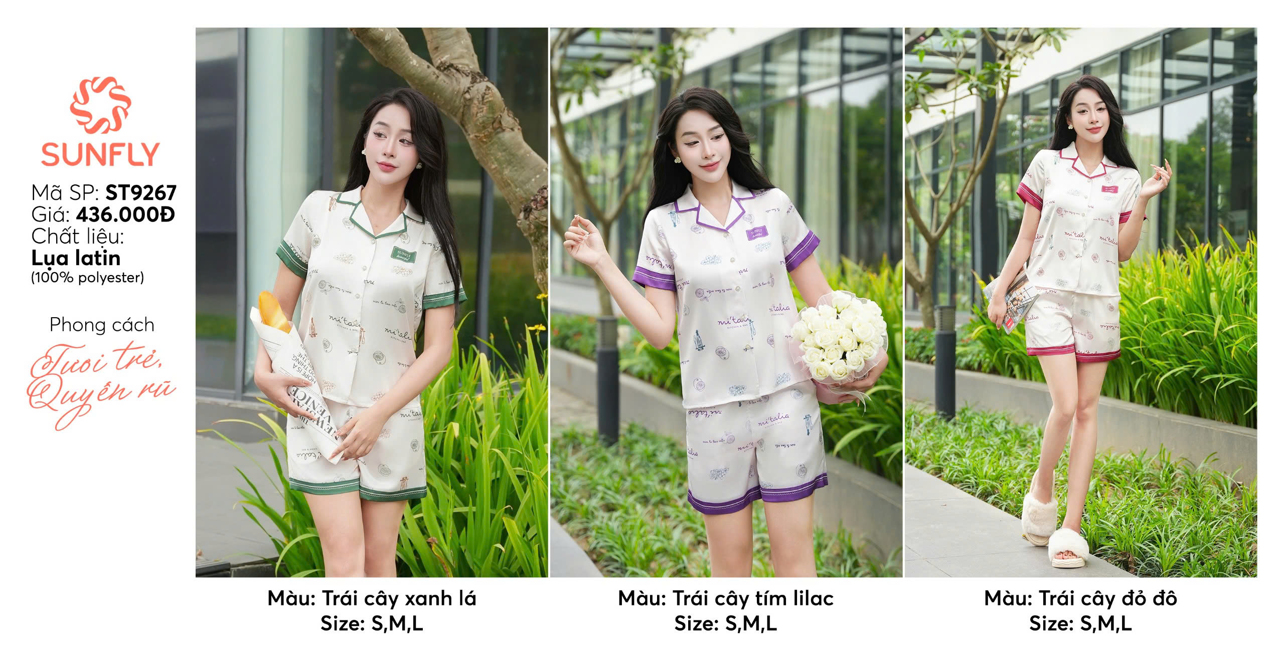 Mô tả Bộ pijama nữ lụa latin SUNFLY áo cộc quần sooc ST9267 - 1