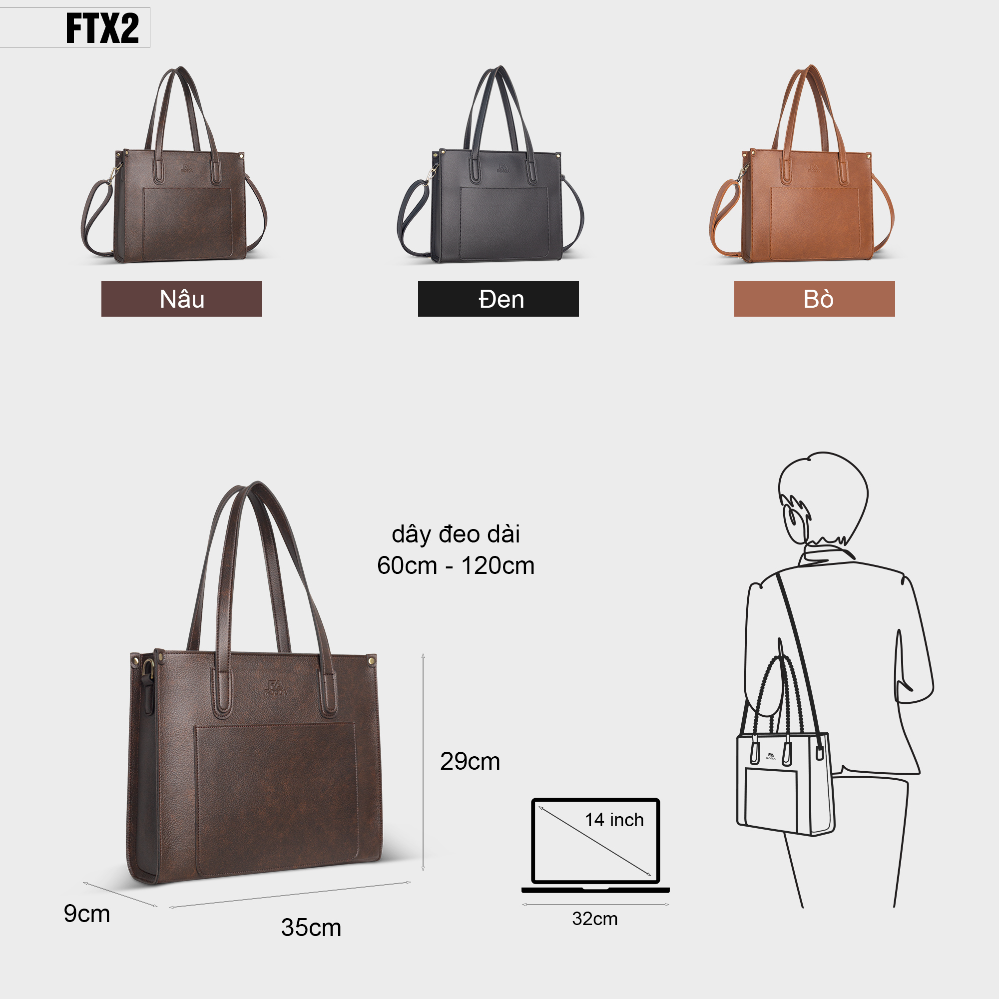 Mô tả Túi xách nữ công sở đa năng FADODA FTX2 đựng vừa laptop 14 inch và tài liệu khổ a4 - 2
