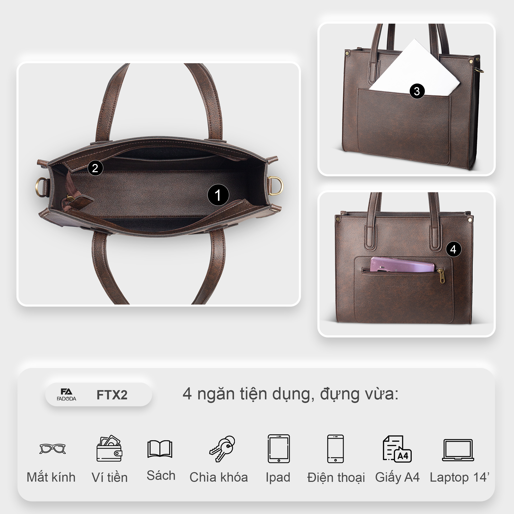 Mô tả Túi xách nữ công sở đa năng FADODA FTX2 đựng vừa laptop 14 inch và tài liệu khổ a4 - 5