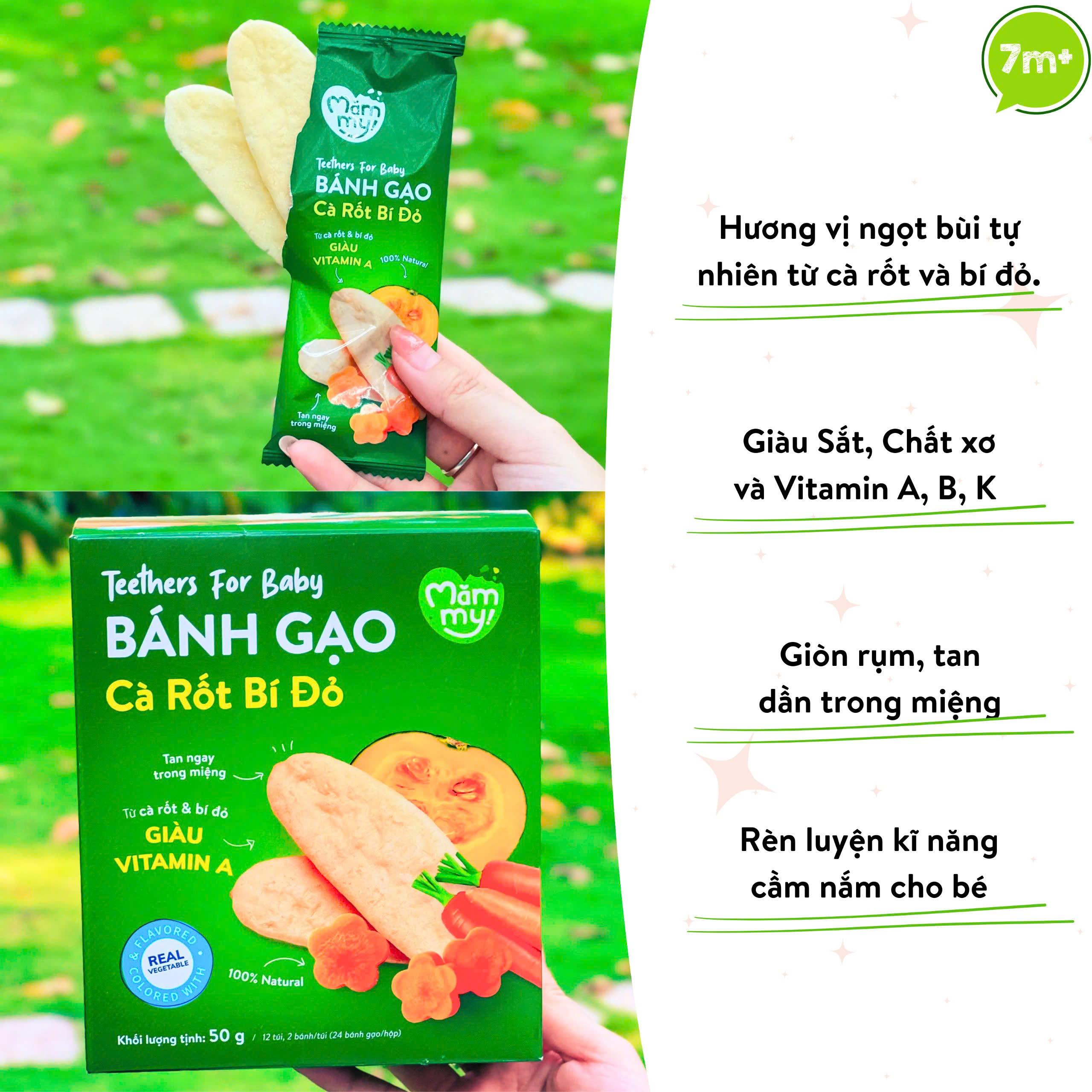 Mô tả Bánh ăn dặm gạo dẹt rau củ Mămmy giúp bé tập nhau bổ sung dinh dưỡng, hỗ trợ tiêu hóa cho bé 7 tháng - 8