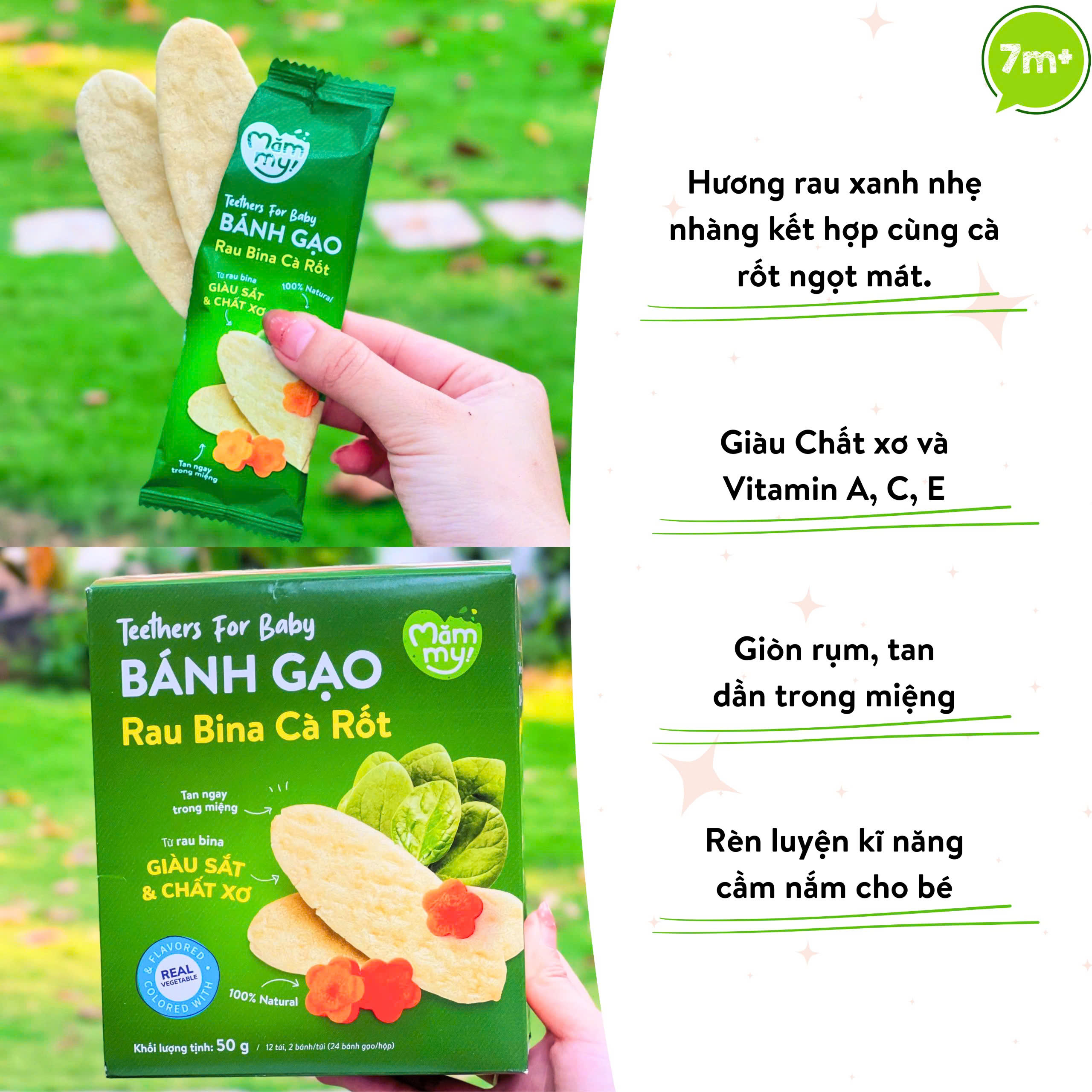 Mô tả Bánh ăn dặm gạo dẹt rau củ Mămmy giúp bé tập nhau bổ sung dinh dưỡng, hỗ trợ tiêu hóa cho bé 7 tháng - 11