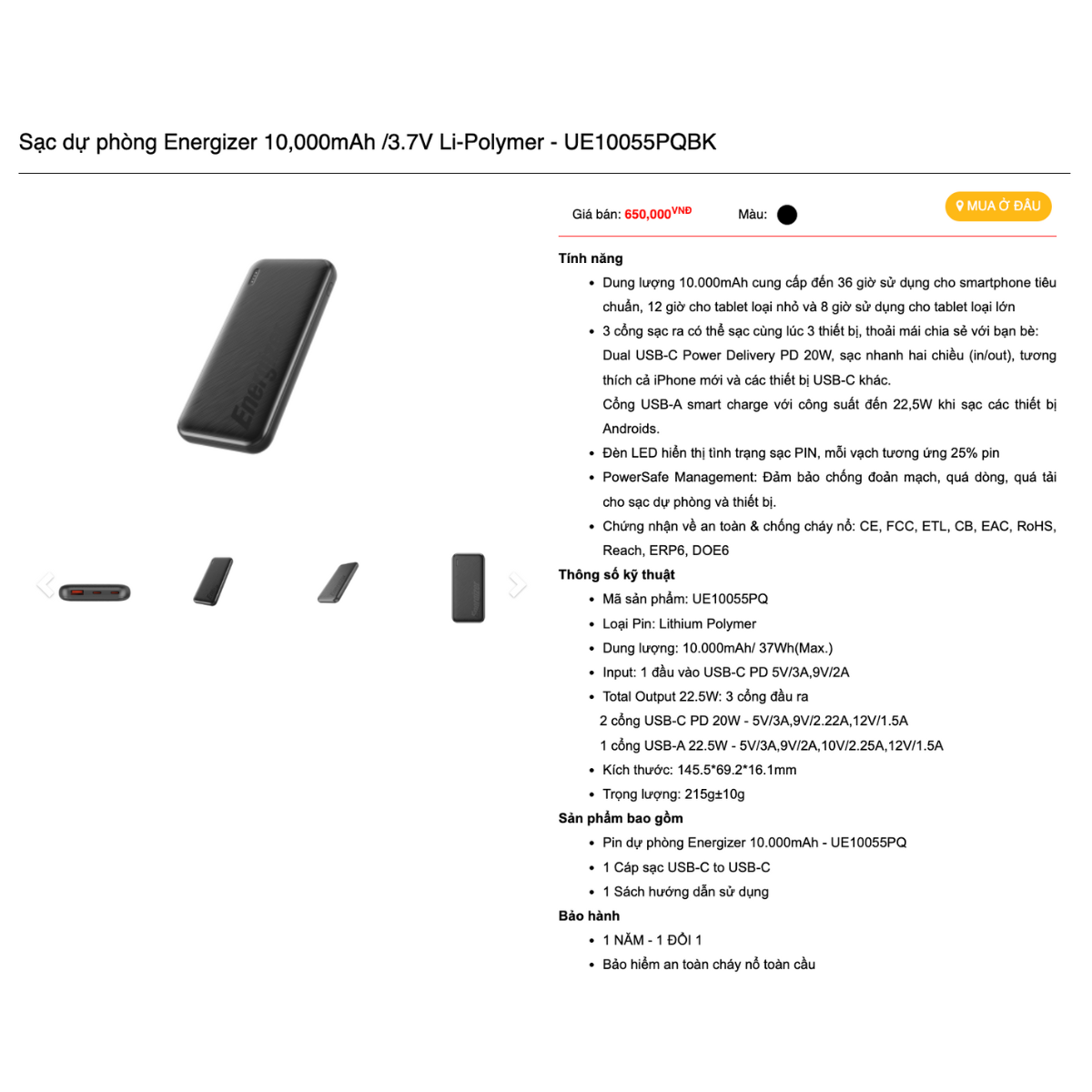 Mô tả Pin sạc dự phòng Energizer 10.000mAh/20.000mAh/30.000mAh UE -  Hỗ Trợ Sạc Nhanh PD, Hàng Chính Hãng - 2