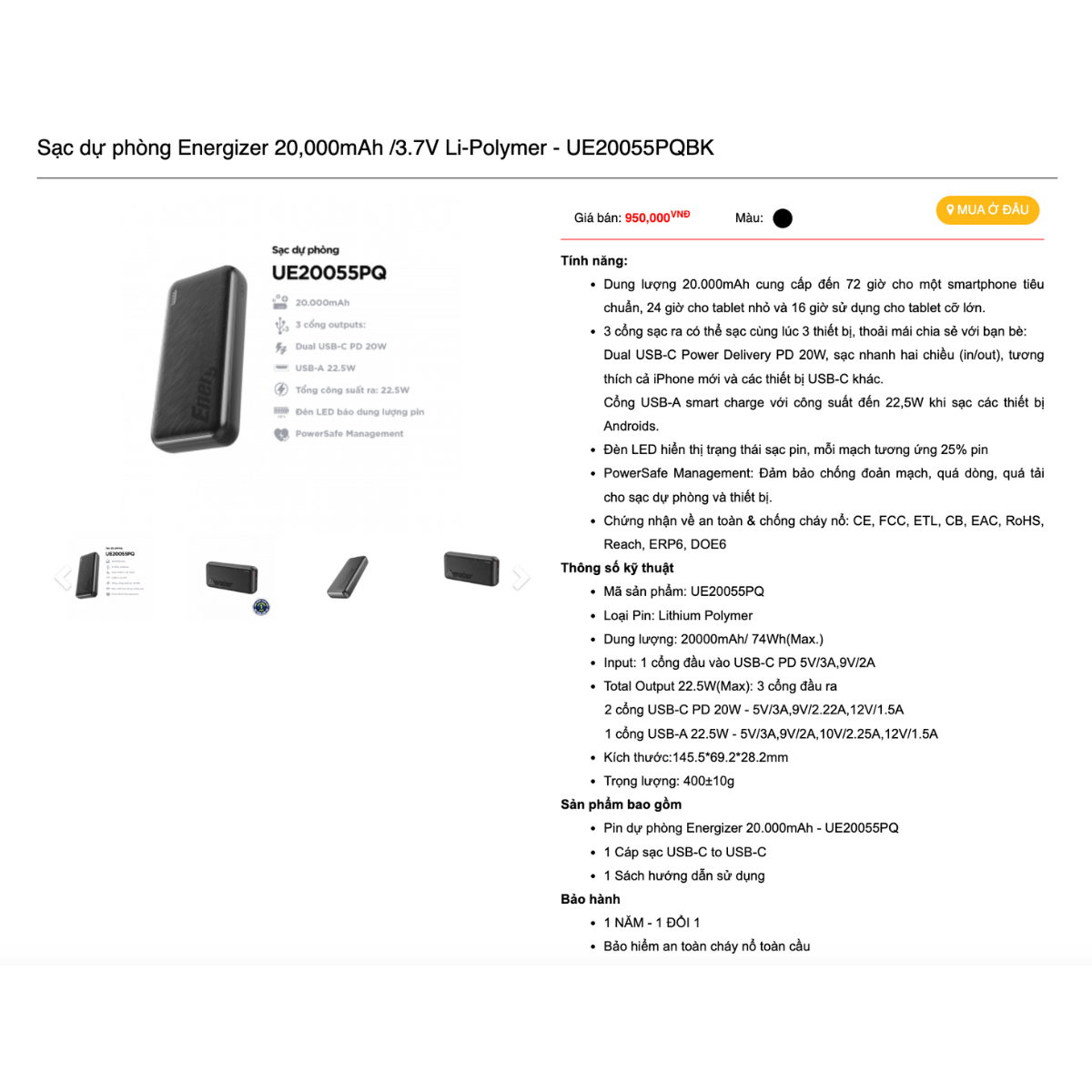 Mô tả Pin sạc dự phòng Energizer 10.000mAh/20.000mAh/30.000mAh UE -  Hỗ Trợ Sạc Nhanh PD, Hàng Chính Hãng - 3