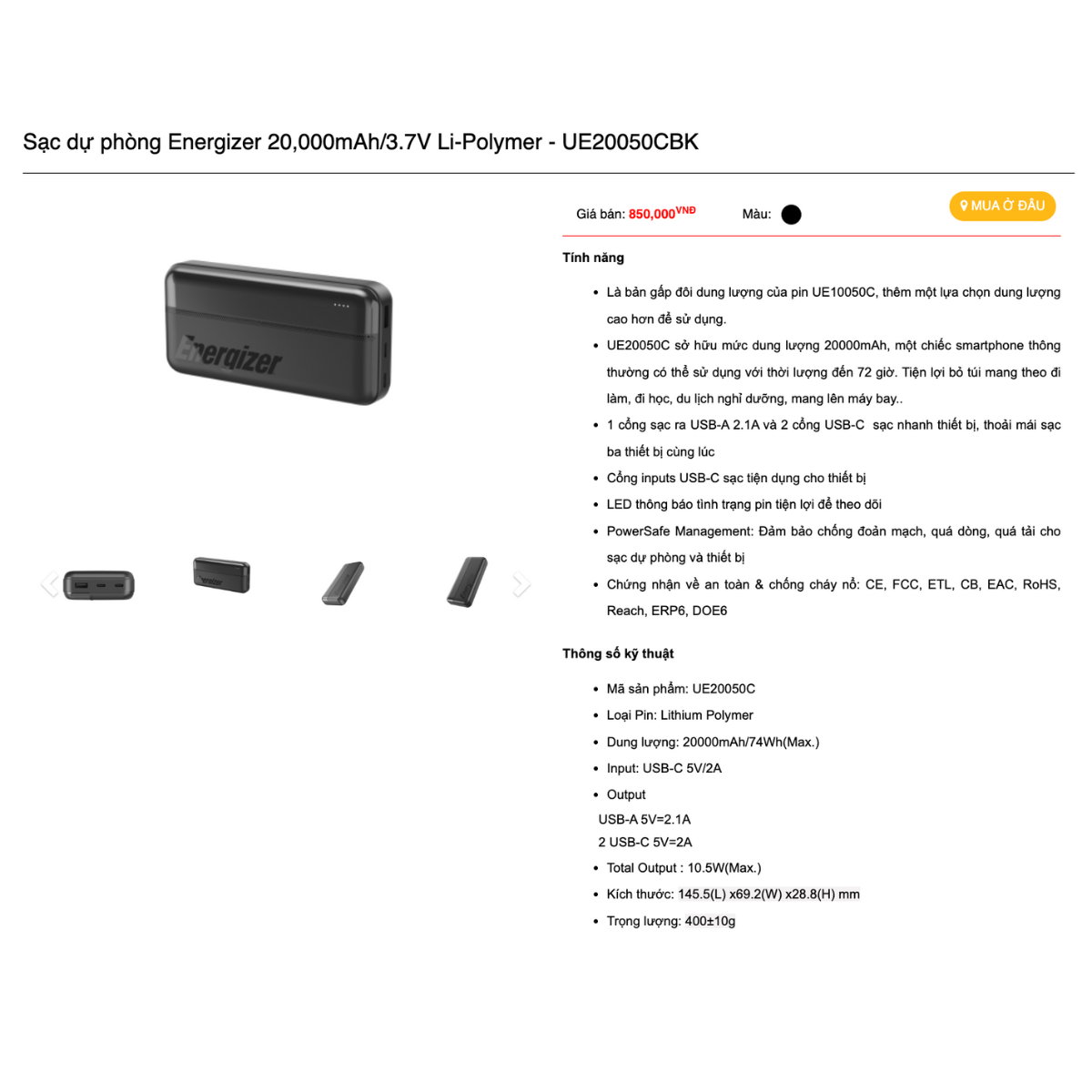 Mô tả Pin sạc dự phòng Energizer 10.000mAh/20.000mAh/30.000mAh UE -  Hỗ Trợ Sạc Nhanh PD, Hàng Chính Hãng - 6
