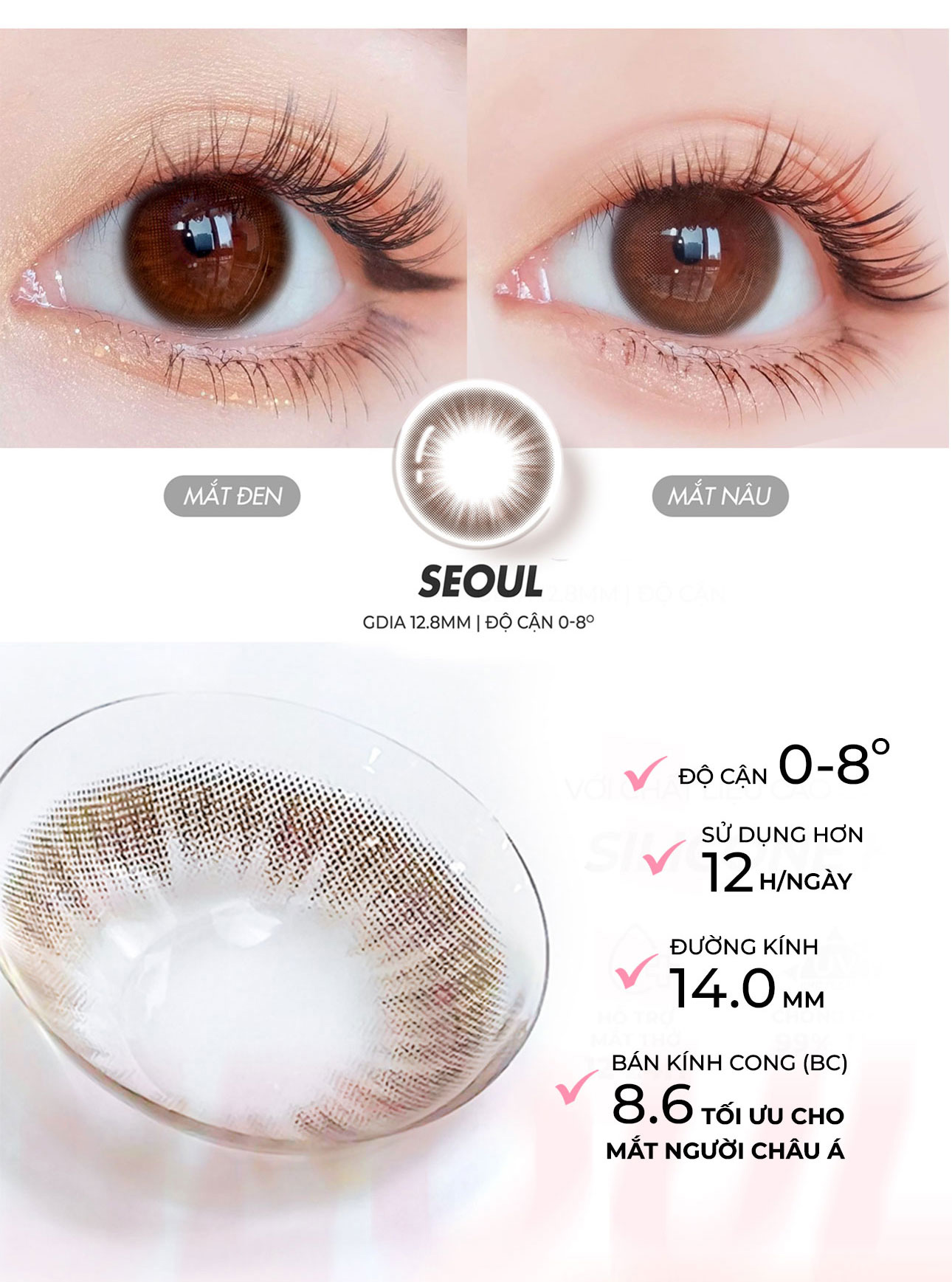 Mô tả Lens nâu tự độ cận 0-8 Seoul hiệu Angel Eyes, kính áp tròng không giãn nâu tự nhiên như mắt thật Dia 14.0mm - 2