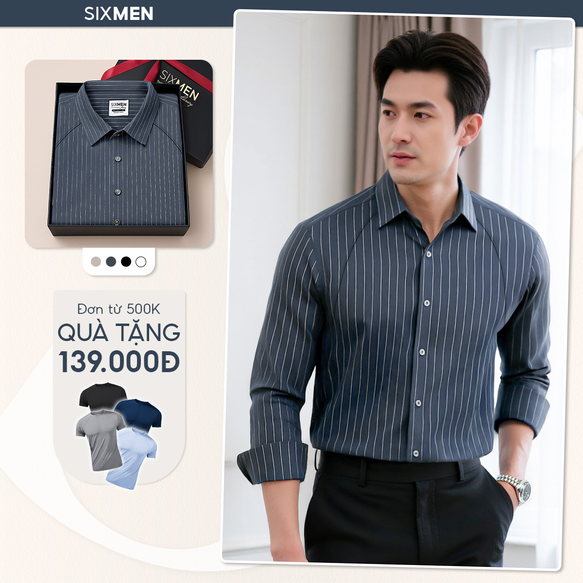 Mô tả Áo sơ mi nam sọc SIXMEN dài tay, form tôn dáng, chất liệu cao cấp thấm hút mồ hôi, chống nhăn - 1