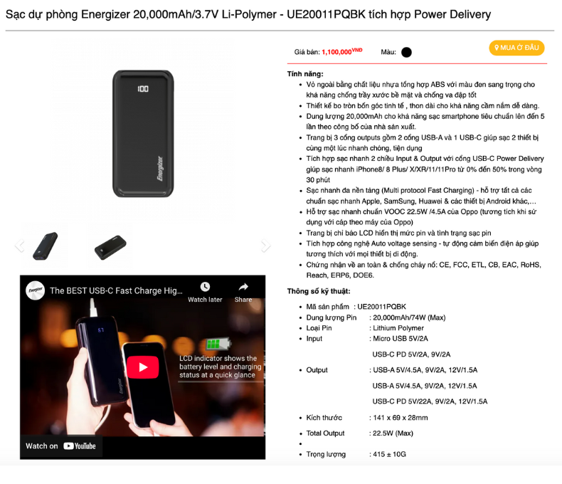 Mô tả Pin sạc dự phòng Energizer 10.000mAh/20.000mAh/30.000mAh UE -  Hỗ Trợ Sạc Nhanh PD, Hàng Chính Hãng - 1