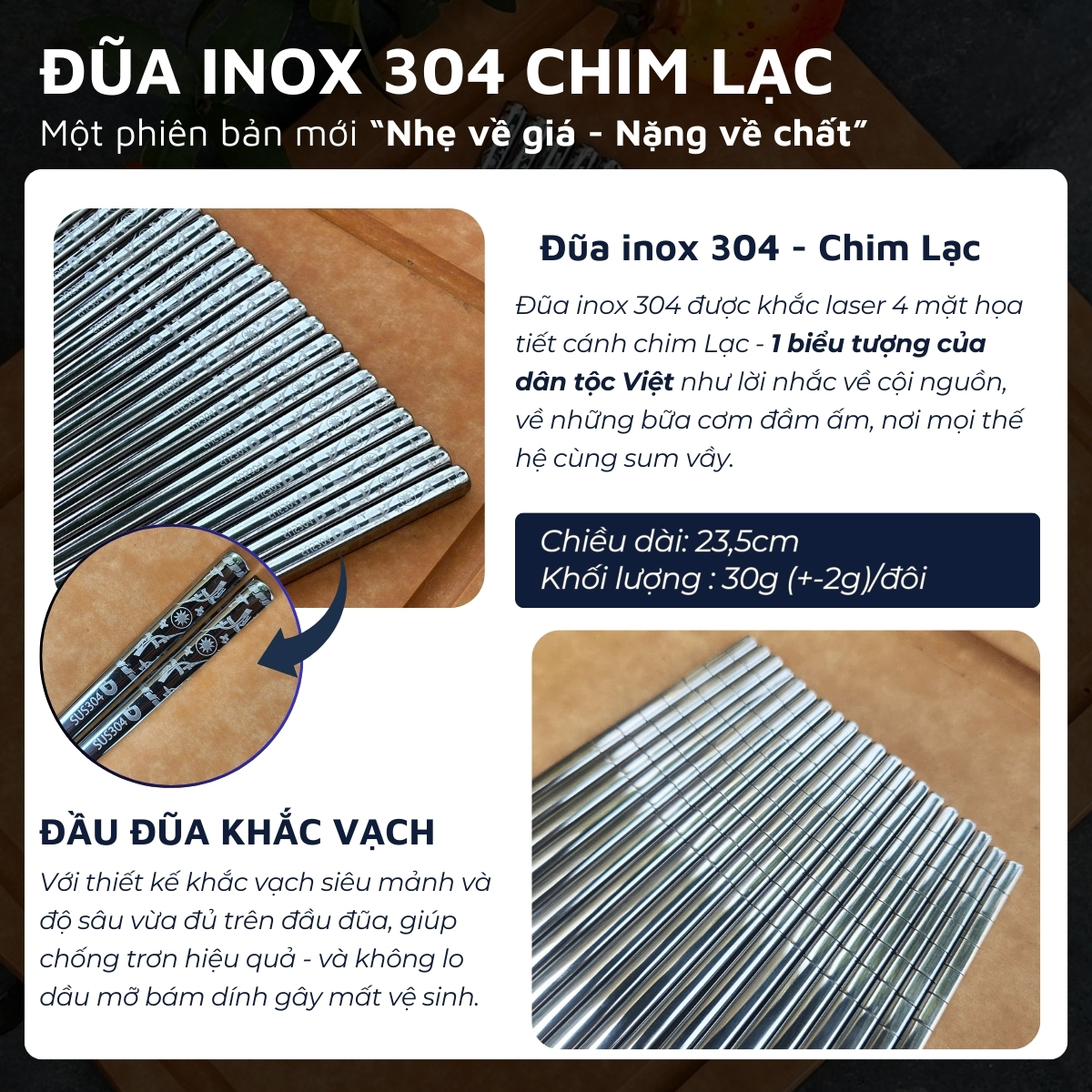 Mô tả Hộp 5 đôi đũa Inox 304 / 316 cao cấp DandiHome họa tiết chống trơn trượt - 5
