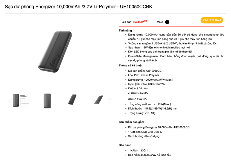 Mô tả Pin sạc dự phòng Energizer 10000mAh/ 3.7V - 3 cổng sạc tiện lợi, tích hợp sạc nhanh hai chiều - 2