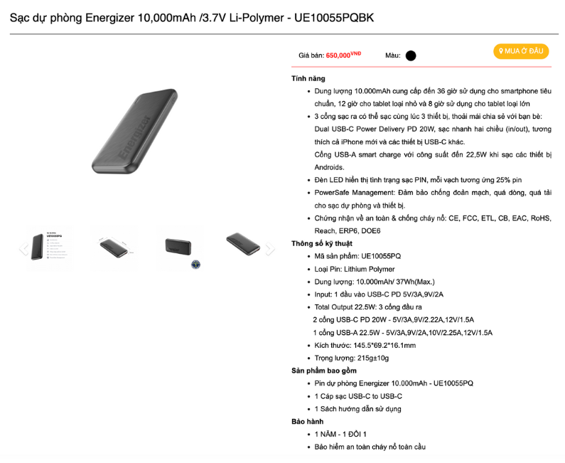 Mô tả Pin sạc dự phòng Energizer 10000mAh/ 3.7V - 3 cổng sạc tiện lợi, tích hợp sạc nhanh hai chiều - 1