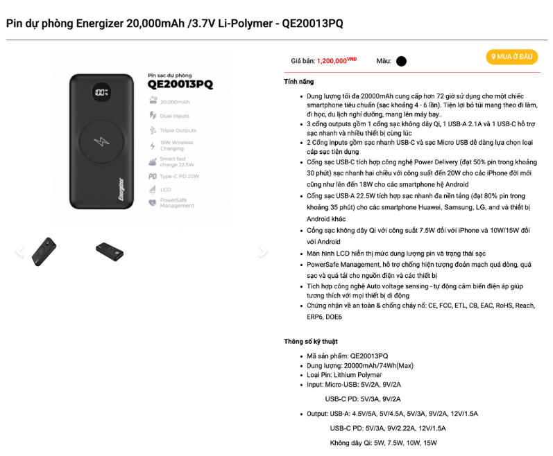 Mô tả Pin sạc dự phòng Energizer 20000mAh/ 3.7V - 3 cổng sạc ra tiện lợi, tích hợp sạc nhanh hai chiều - 1