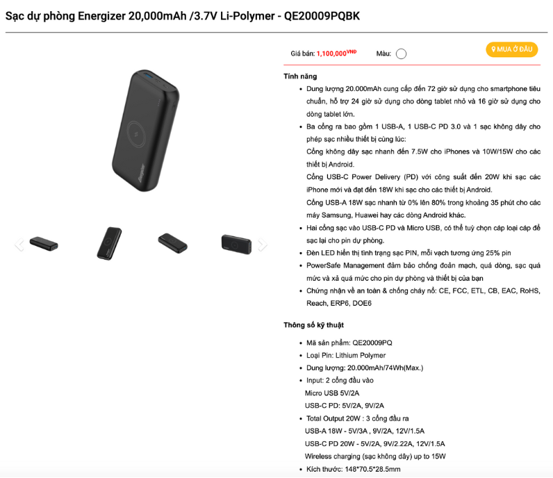 Mô tả Pin sạc dự phòng Energizer 20000mAh/ 3.7V - 3 cổng sạc ra tiện lợi, tích hợp sạc nhanh hai chiều - 2