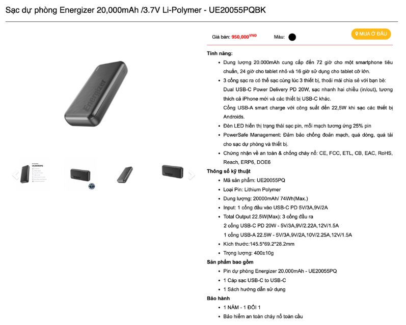 Mô tả Pin sạc dự phòng Energizer 20000mAh/ 3.7V - 3 cổng sạc ra tiện lợi, tích hợp sạc nhanh hai chiều - 3
