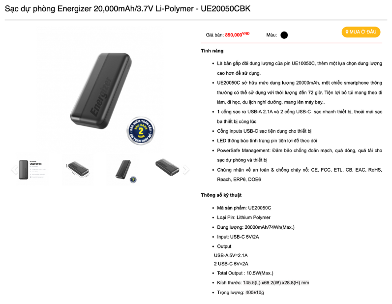 Mô tả Pin sạc dự phòng Energizer 20000mAh/ 3.7V - 3 cổng sạc ra tiện lợi, tích hợp sạc nhanh hai chiều - 4