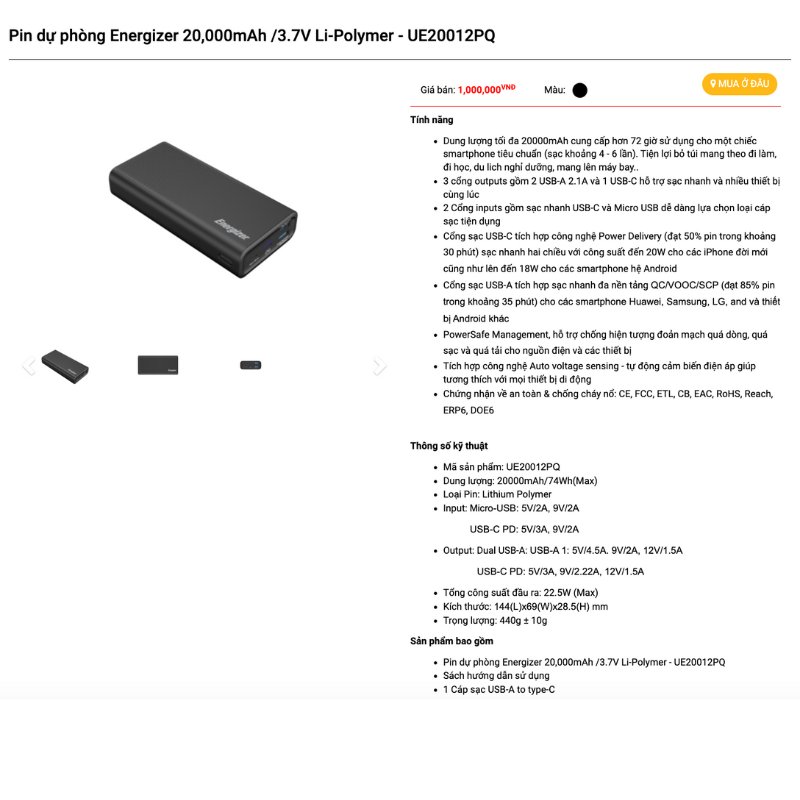 Mô tả Pin sạc dự phòng Energizer 20000mAh/ 3.7V - 3 cổng sạc ra tiện lợi, tích hợp sạc nhanh hai chiều - 6