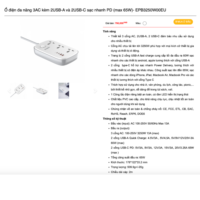 Mô tả Ổ điện thông minh đa năng AC kèm USB-A và USB-C sạc nhanh PD ( đến 65W) - Hàng chính hãng, bảo hành 1 năm - 1