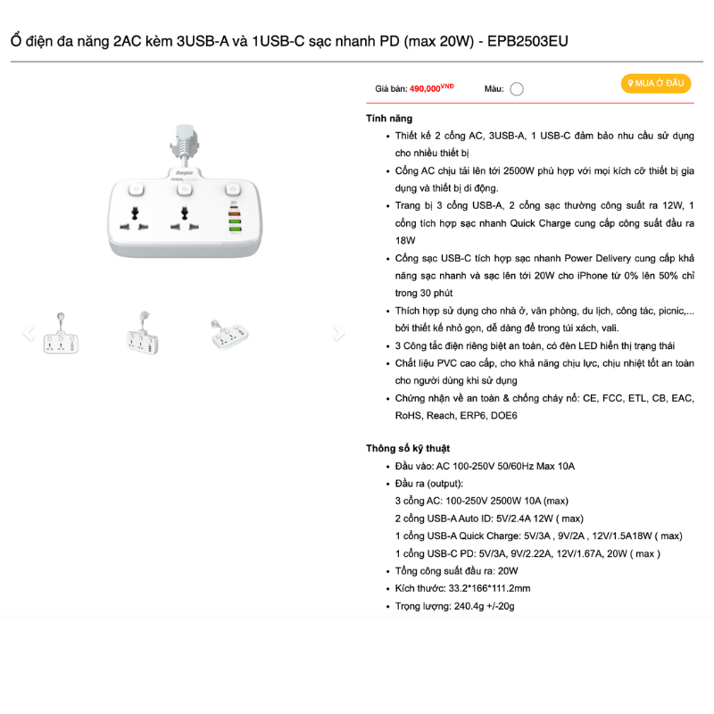 Mô tả Ổ điện thông minh đa năng AC kèm USB-A và USB-C sạc nhanh PD ( đến 65W) - Hàng chính hãng, bảo hành 1 năm - 2