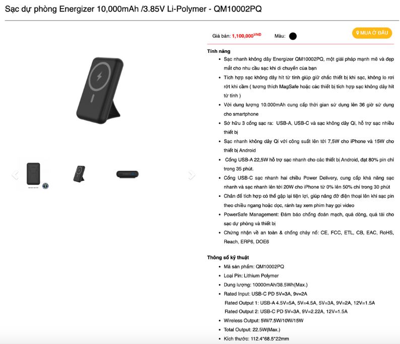 Mô tả Pin sạc dự phòng Energizer 10000mAh/ 3.7V - 3 cổng sạc tiện lợi, tích hợp sạc nhanh hai chiều - 4