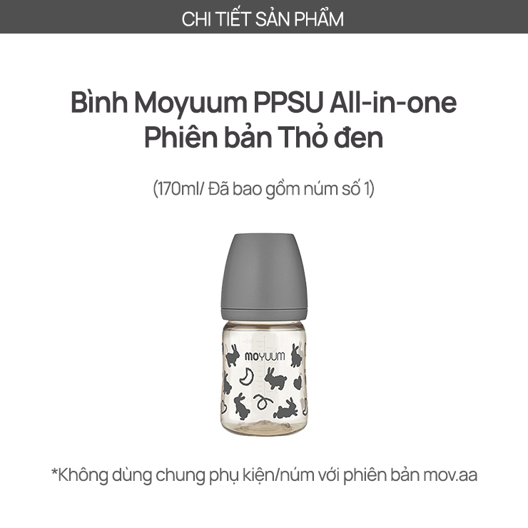 Mô tả Bình sữa PPSU Moyuum - Thỏ đen - 170ml - Kèm núm 1 - 2