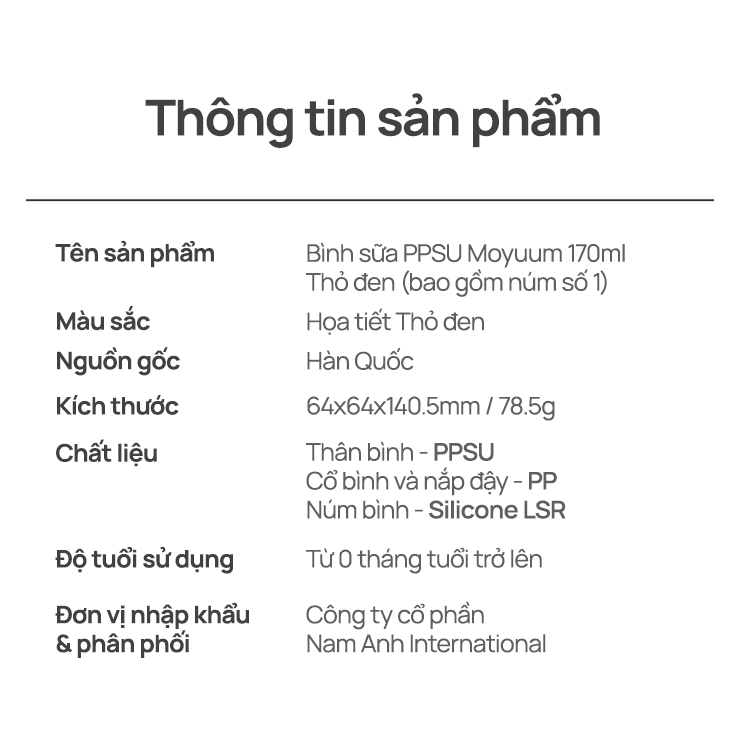 Mô tả Bình sữa PPSU Moyuum - Thỏ đen - 170ml - Kèm núm 1 - 3