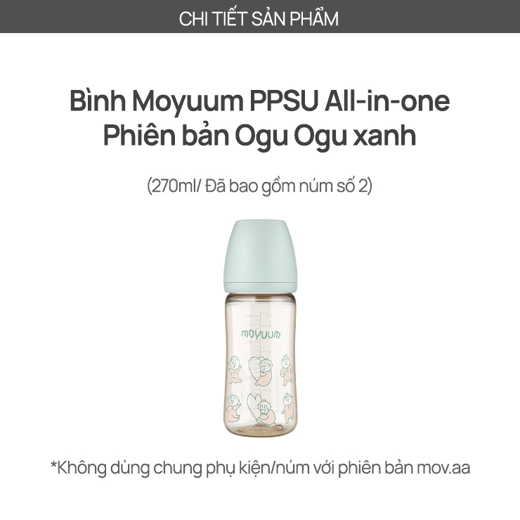 Mô tả Bình sữa PPSU Moyuum - Ogu xanh - 270ml - Kèm núm 2 - 2