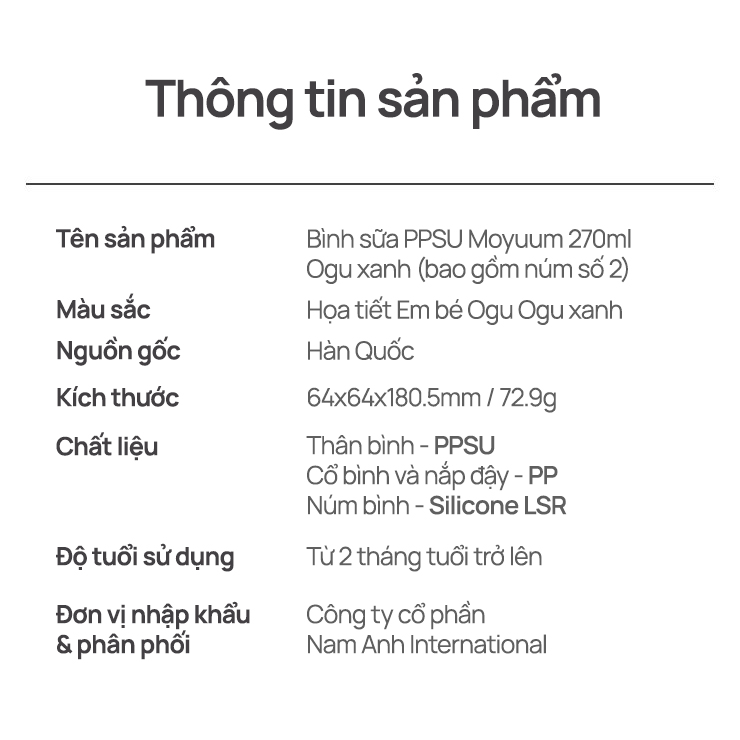 Mô tả Bình sữa PPSU Moyuum - Ogu xanh - 270ml - Kèm núm 2 - 3