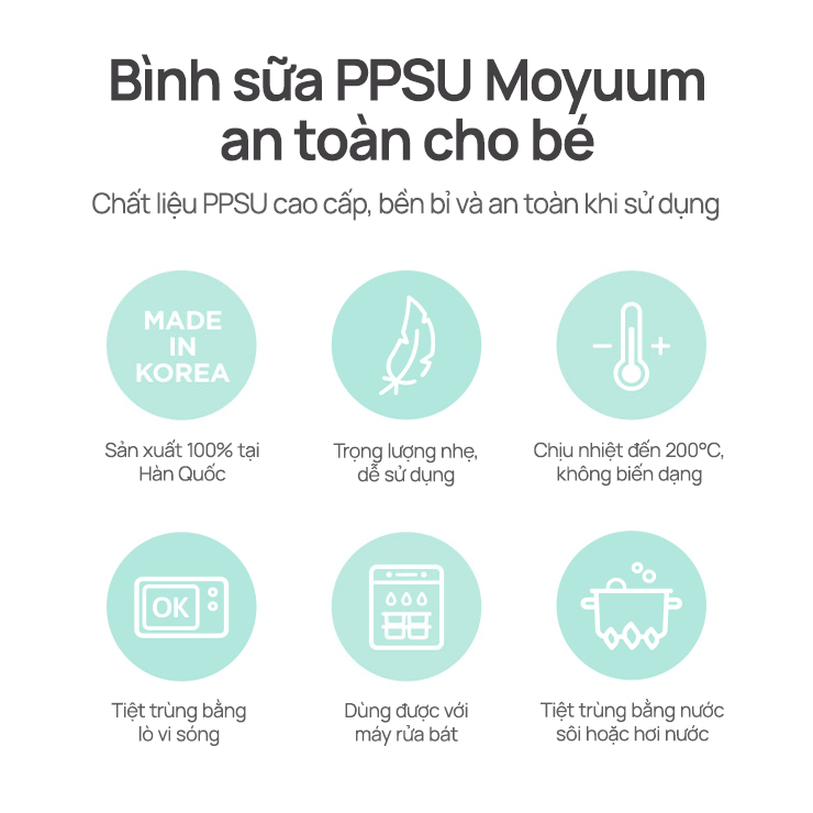 Mô tả Bình sữa PPSU Moyuum - Ogu xanh - 270ml - Kèm núm 2 - 5