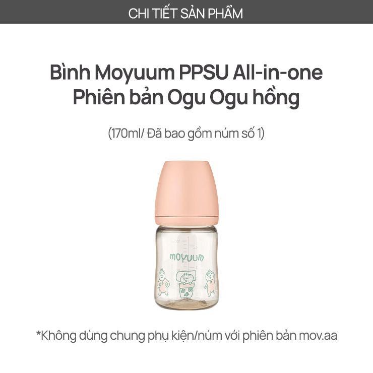 Mô tả Bình sữa PPSU Moyuum - Ogu hồng - 170ml - Kèm núm 1 - 2